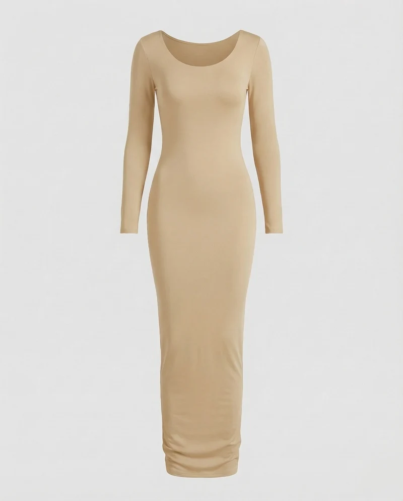 Damen Maxikleid Rundhalsausschnitt Langarm