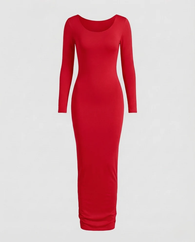 Damen Maxikleid Rundhalsausschnitt Langarm