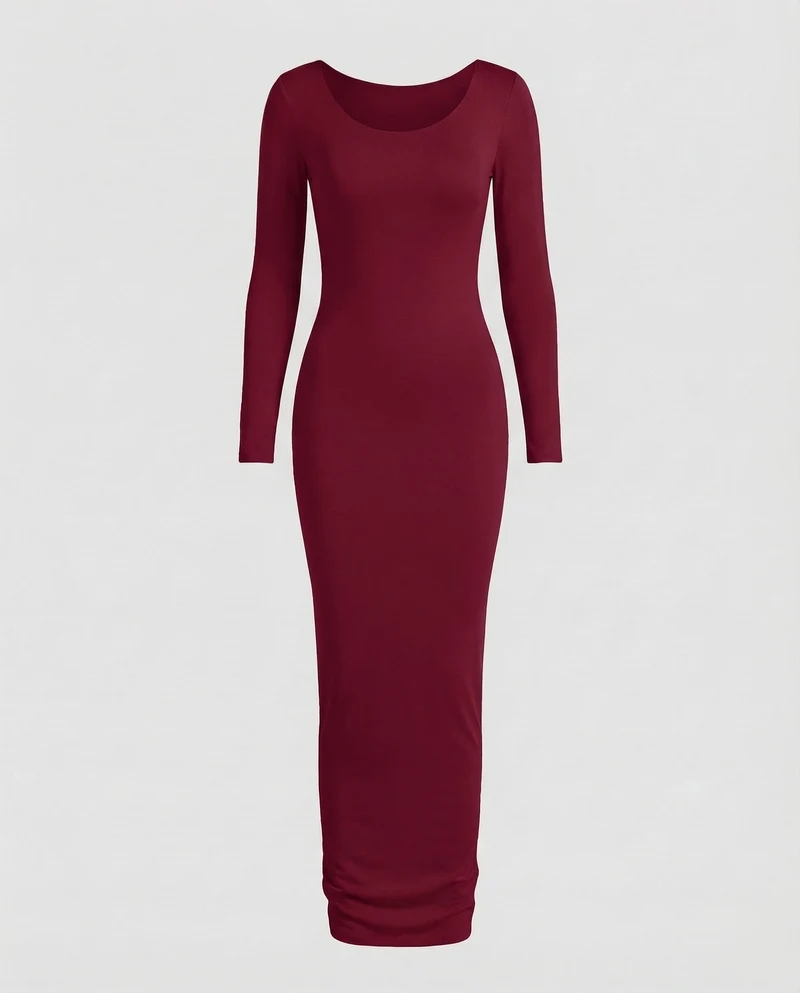 Damen Maxikleid Rundhalsausschnitt Langarm