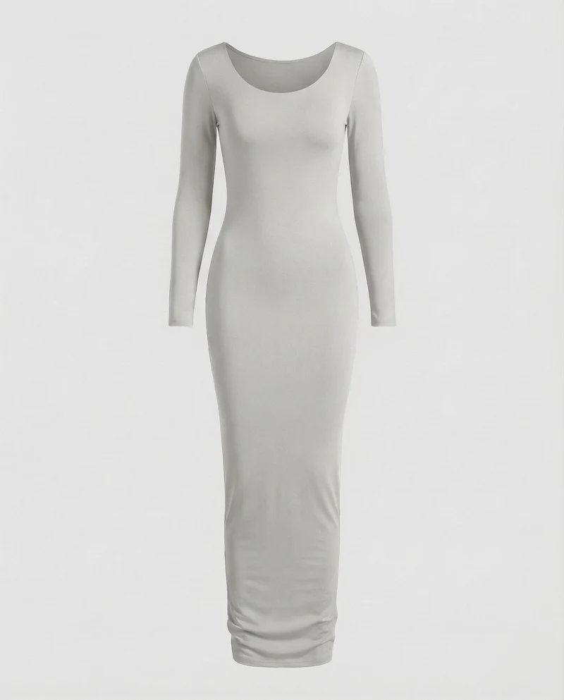 Damen Maxikleid Rundhalsausschnitt Langarm