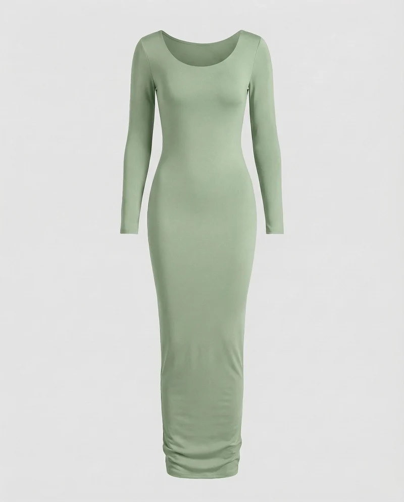 Damen Maxikleid Rundhalsausschnitt Langarm