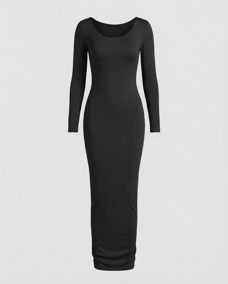 Damen Maxikleid Rundhalsausschnitt Langarm