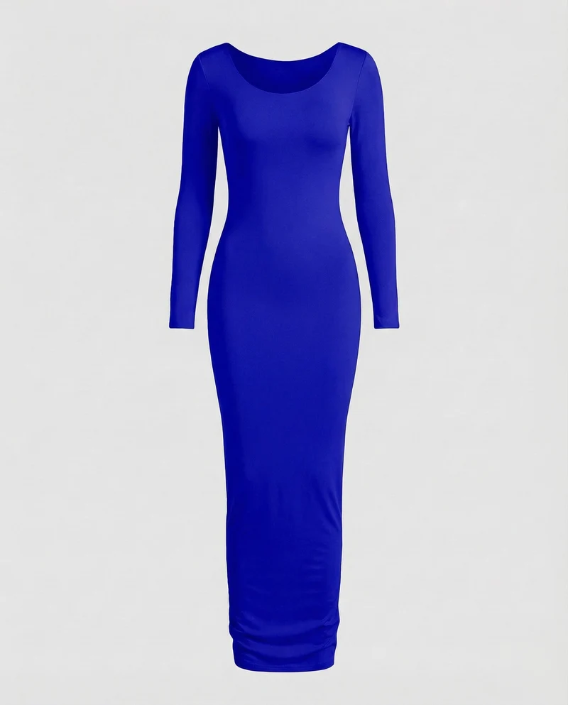 Damen Maxikleid Rundhalsausschnitt Langarm
