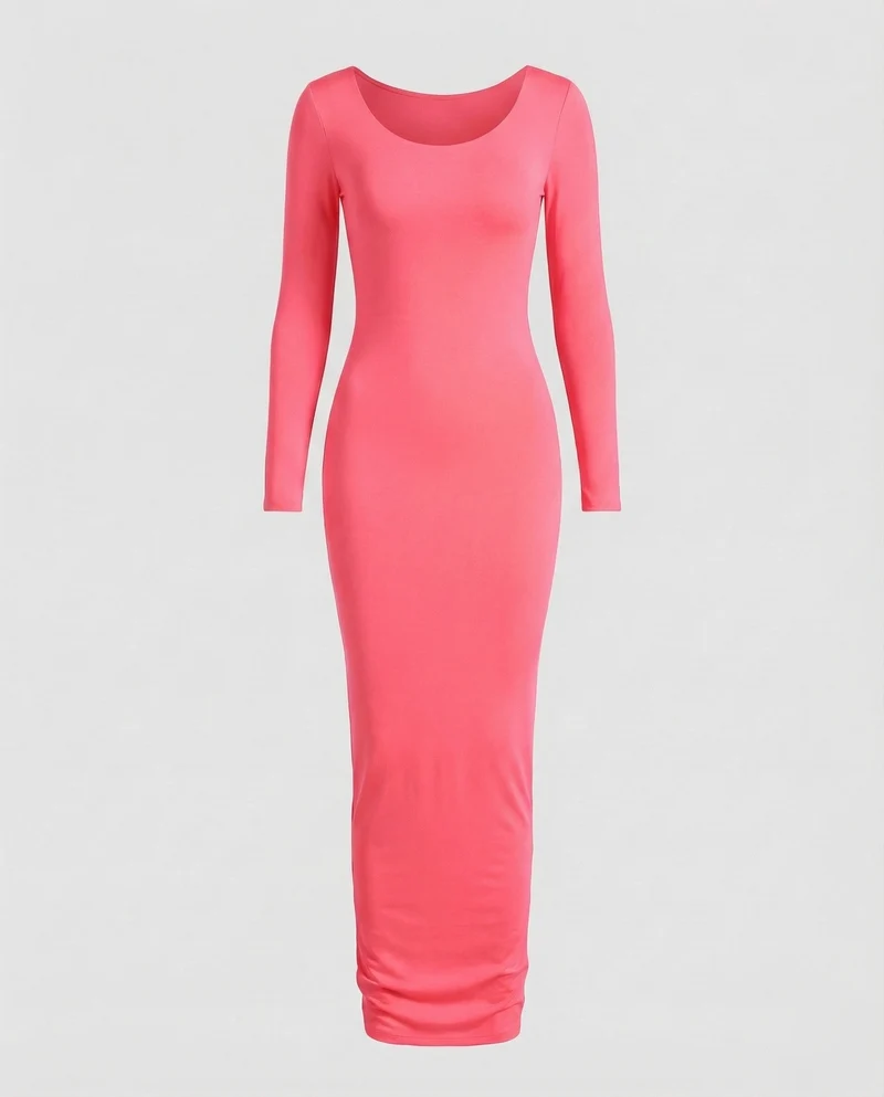 Damen Maxikleid Rundhalsausschnitt Langarm