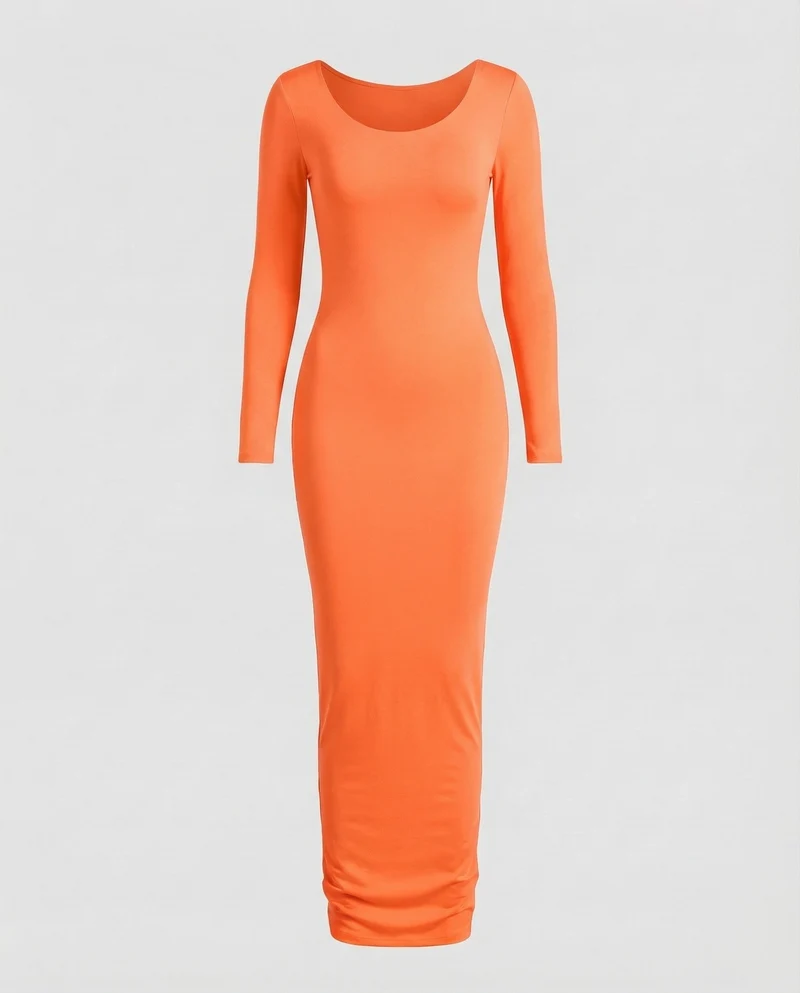 Damen Maxikleid Rundhalsausschnitt Langarm