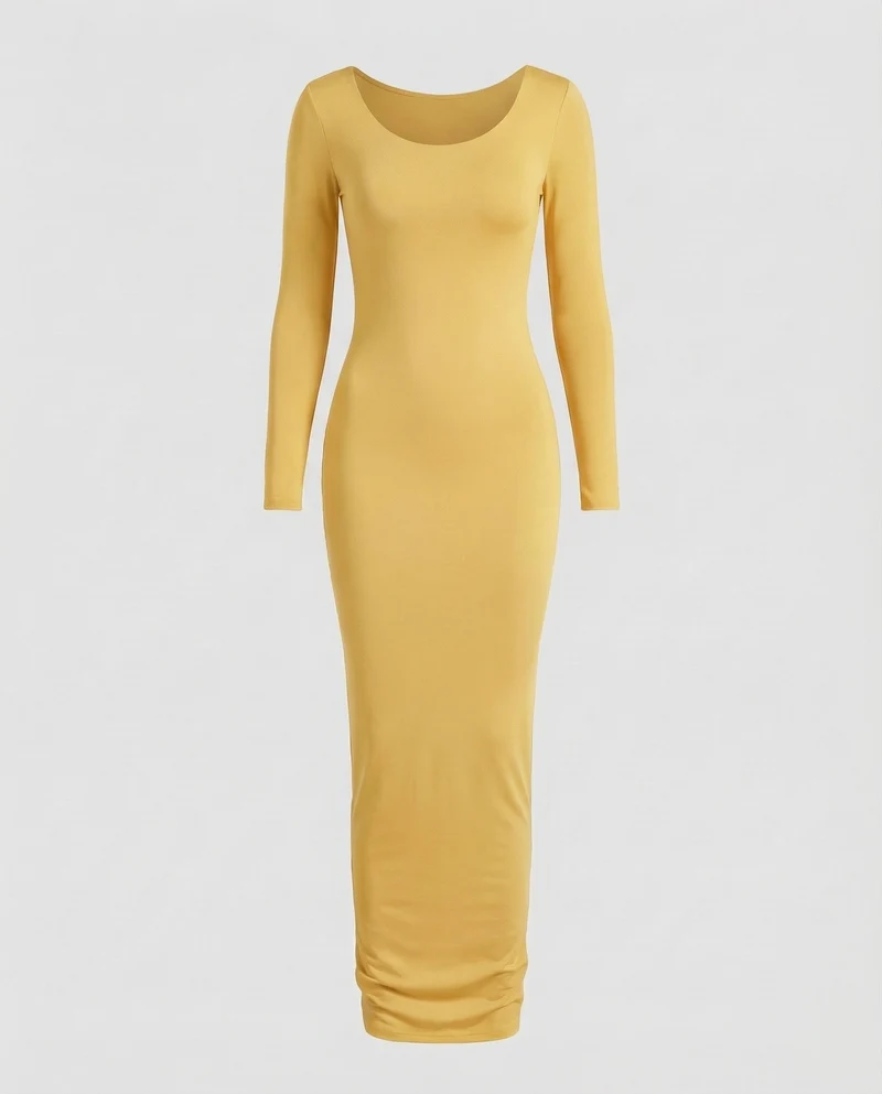 Damen Maxikleid Rundhalsausschnitt Langarm