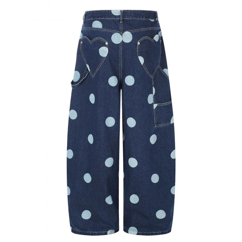 Damen Weite Cropped-Jeans mit hoher Taille, Polka‑Dot‑Print und Carpenter‑Details Nord Taschen