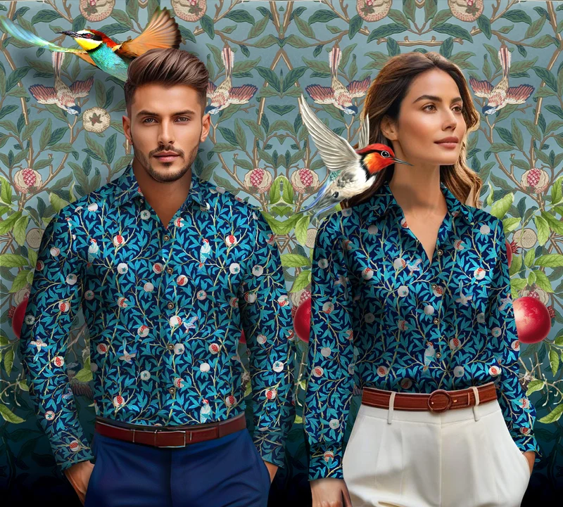 Bird and Pomegranate - William Morris Print Long Sleeve Shirts for Men