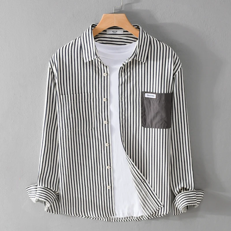 Herren Gestreiftes Langarm-Overshirt aus Baumwollmix mit kontrastierter Brusttasche Nord Taschen