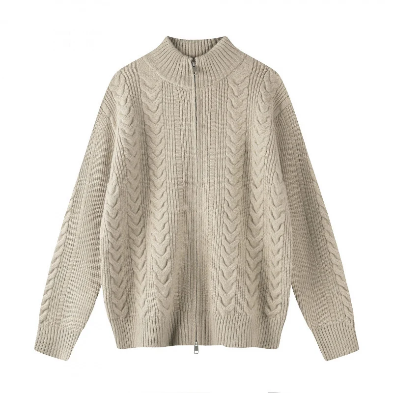 Damen Grobgestrickter Zopfstrick-Cardigan mit durchgehendem Reißverschluss und Stehkragen Nord Taschen