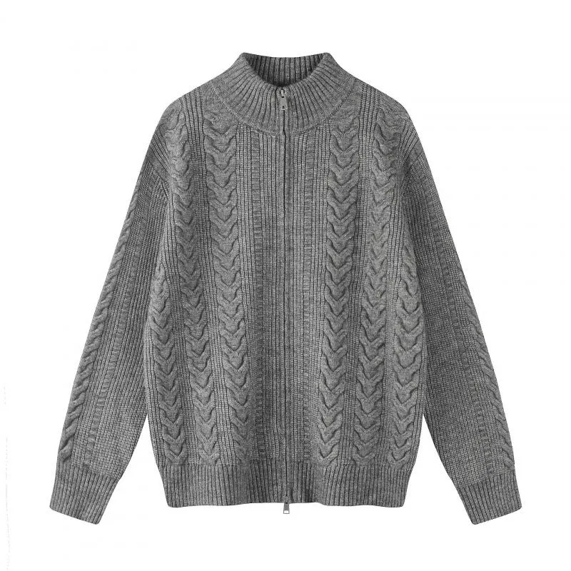 Damen Grobgestrickter Zopfstrick-Cardigan mit durchgehendem Reißverschluss und Stehkragen Nord Taschen