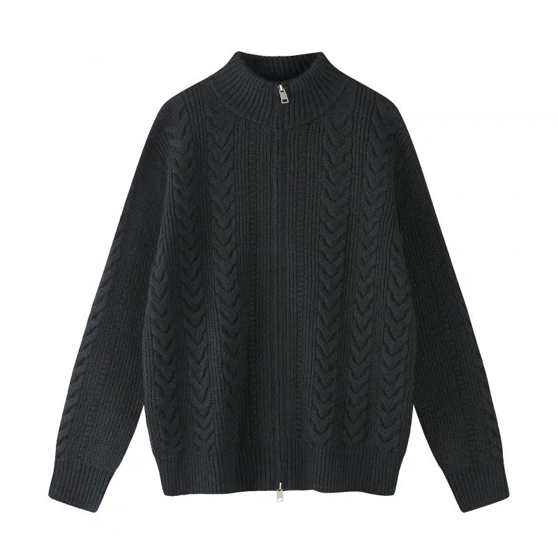 Damen Grobgestrickter Zopfstrick-Cardigan mit durchgehendem Reißverschluss und Stehkragen Nord Taschen