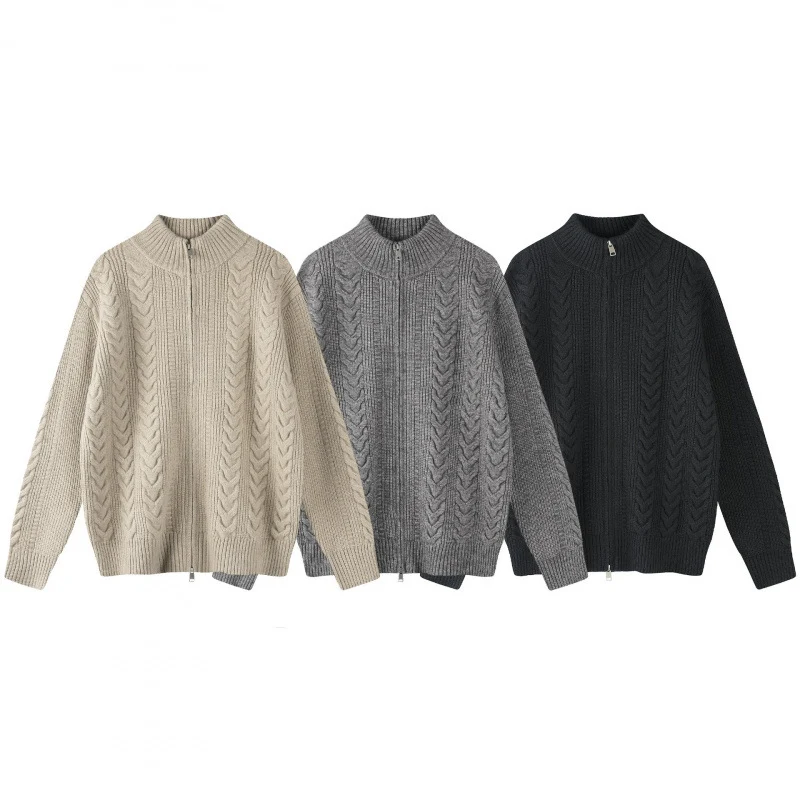 Damen Grobgestrickter Zopfstrick-Cardigan mit durchgehendem Reißverschluss und Stehkragen Nord Taschen
