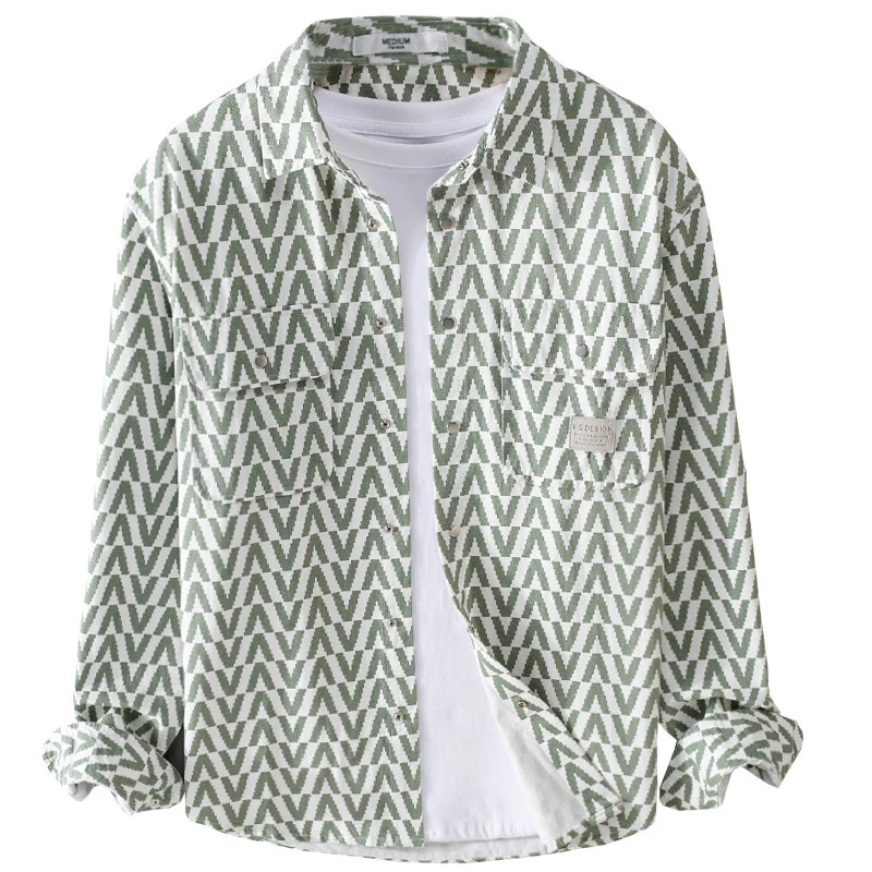 Herren Gemustertes Overshirt aus Baumwollmix mit geometrischem V‑Muster, aufgesetzten Brusttaschen und Relaxed‑Fit Nord Taschen