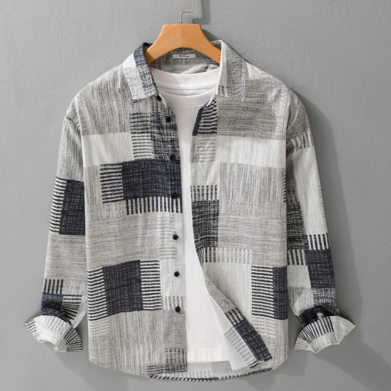 Herren Gemustertes Langarm-Hemd im Patchwork-Look aus leichtem Baumwollmix Relaxed Fit Nord Taschen
