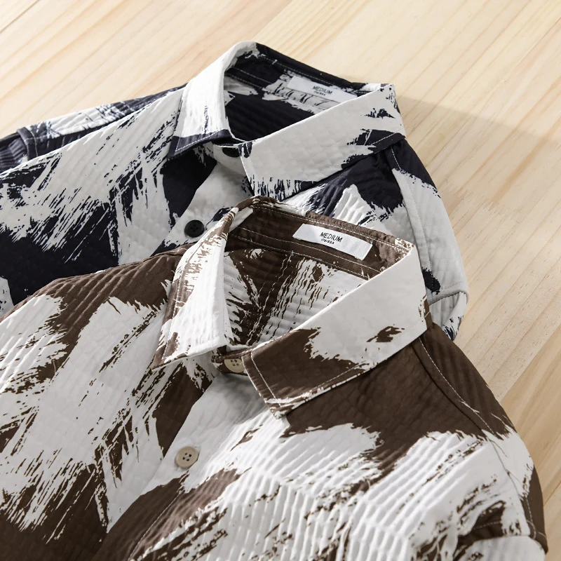 Herren Gekreppte Overshirt‑Hemdjacke mit abstraktem Pinselprint und Brusttasche Nord Taschen