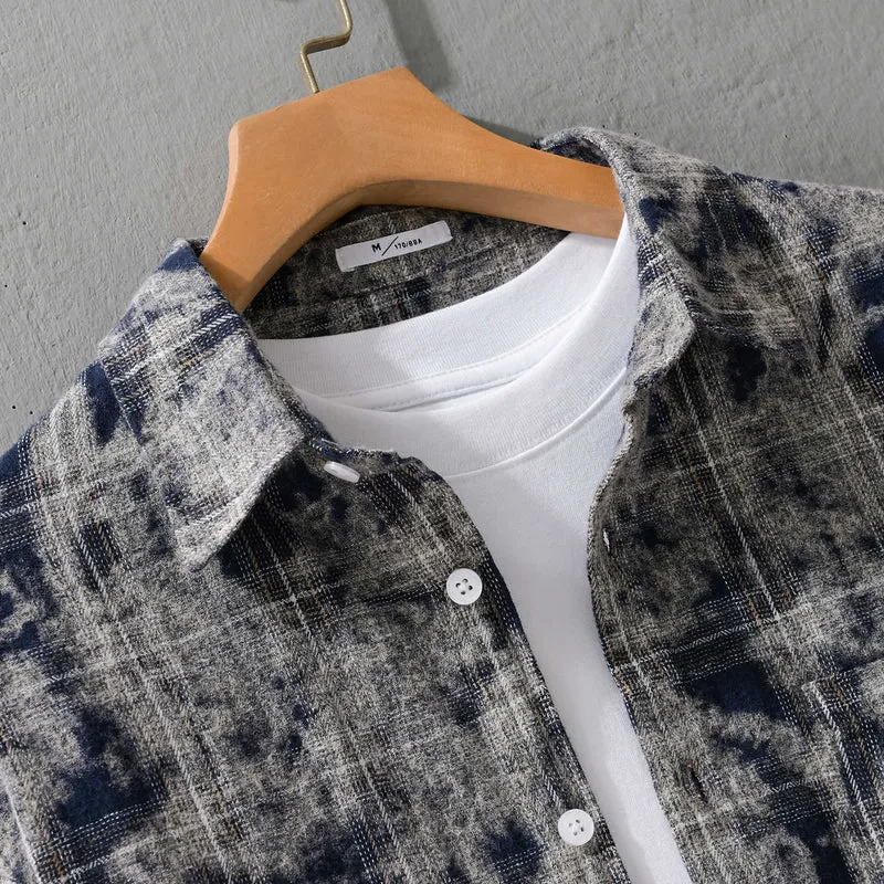Herren Gebleichte Karo-Flanell-Overshirt Jacke im Used‑Look Nord Taschen