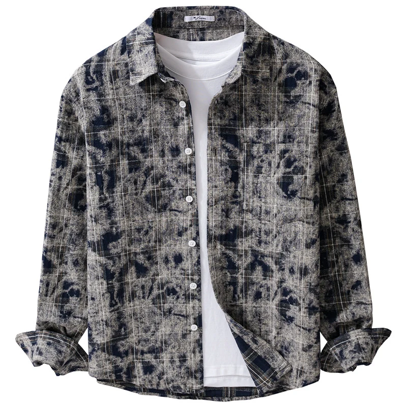Herren Gebleichte Karo-Flanell-Overshirt Jacke im Used‑Look Nord Taschen