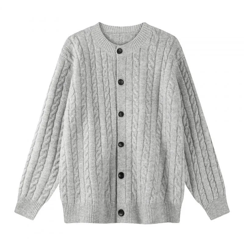 Damen Grobgestrickter Zopf-Strick-Cardigan mit Knopfleiste und Rundhals Nord Taschen