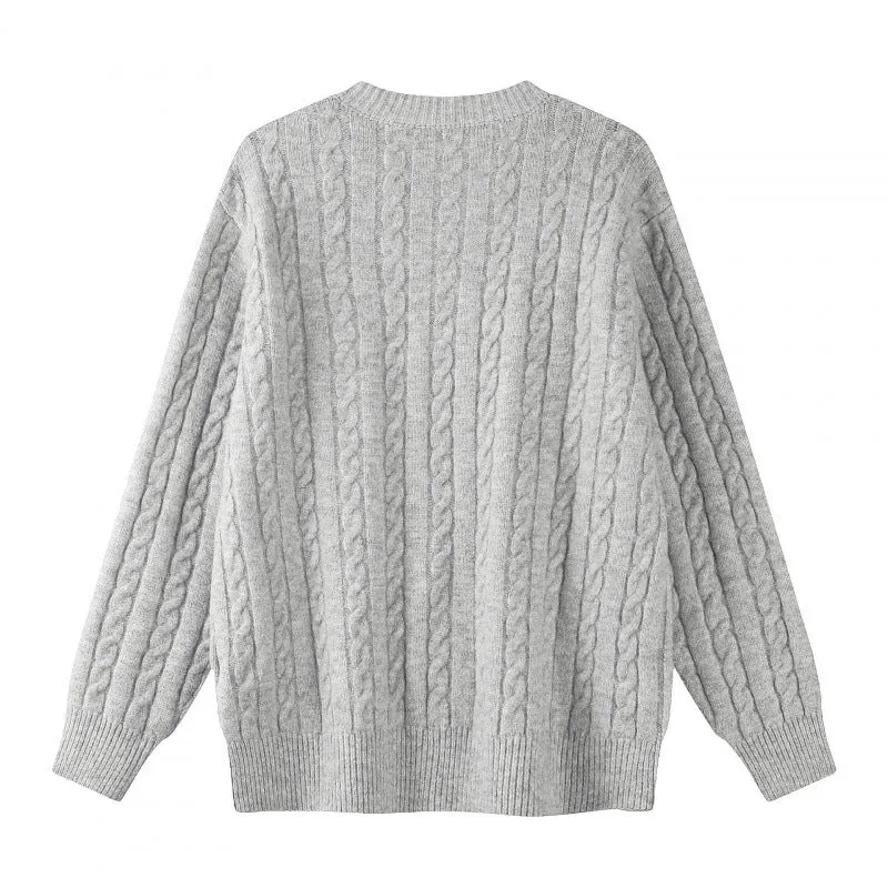 Damen Grobgestrickter Zopf-Strick-Cardigan mit Knopfleiste und Rundhals Nord Taschen