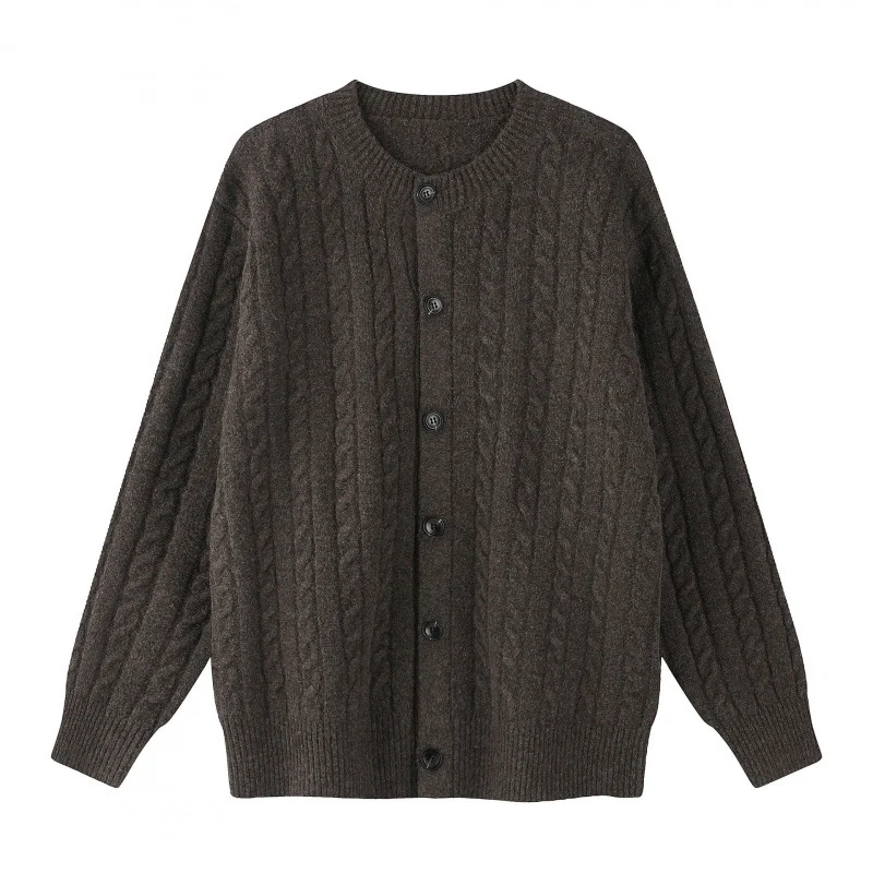 Damen Grobgestrickter Zopf-Strick-Cardigan mit Knopfleiste und Rundhals Nord Taschen