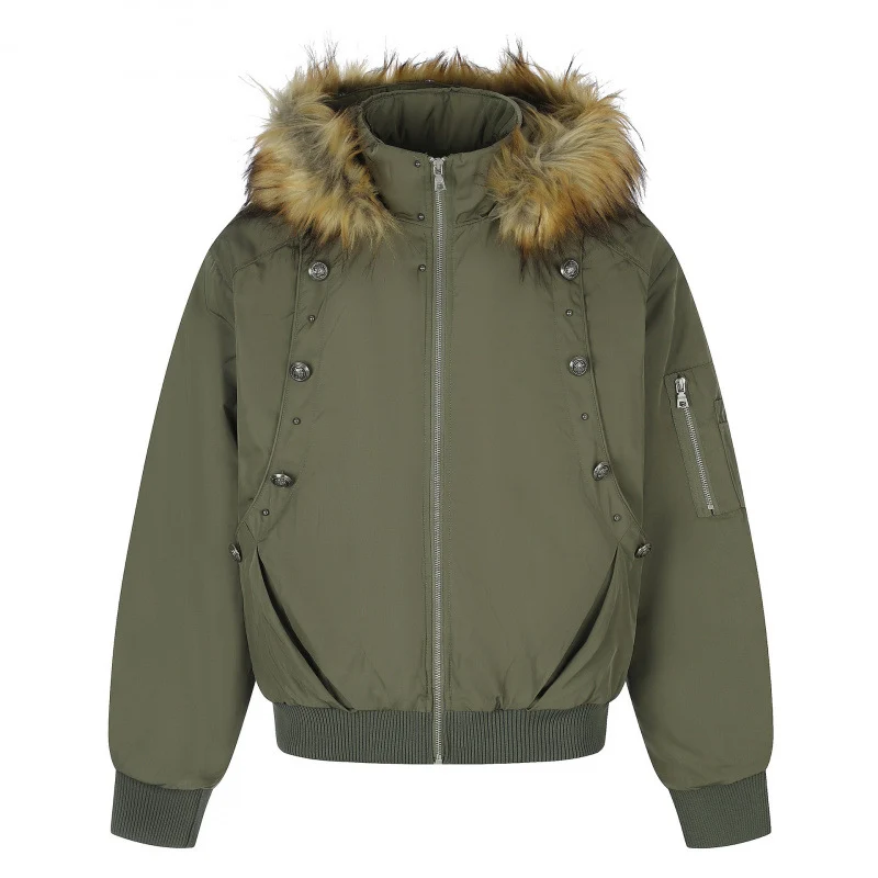 Damen Gefütterte Bomberjacke mit Kapuze und Kunstfellkragen Wattierte Winterjacke Nord Taschen