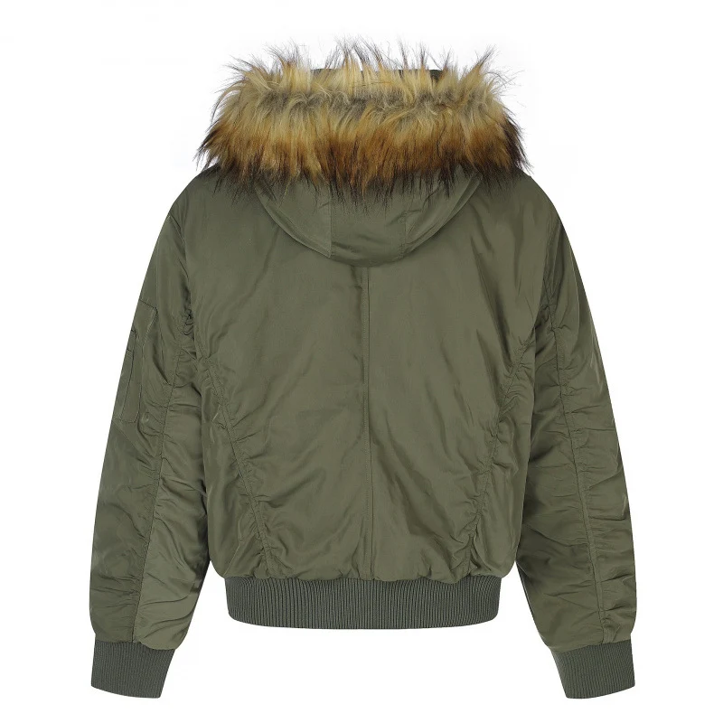 Damen Gefütterte Bomberjacke mit Kapuze und Kunstfellkragen Wattierte Winterjacke Nord Taschen