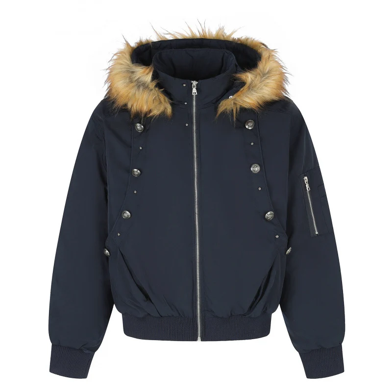 Damen Gefütterte Bomberjacke mit Kapuze und Kunstfellkragen Wattierte Winterjacke Nord Taschen