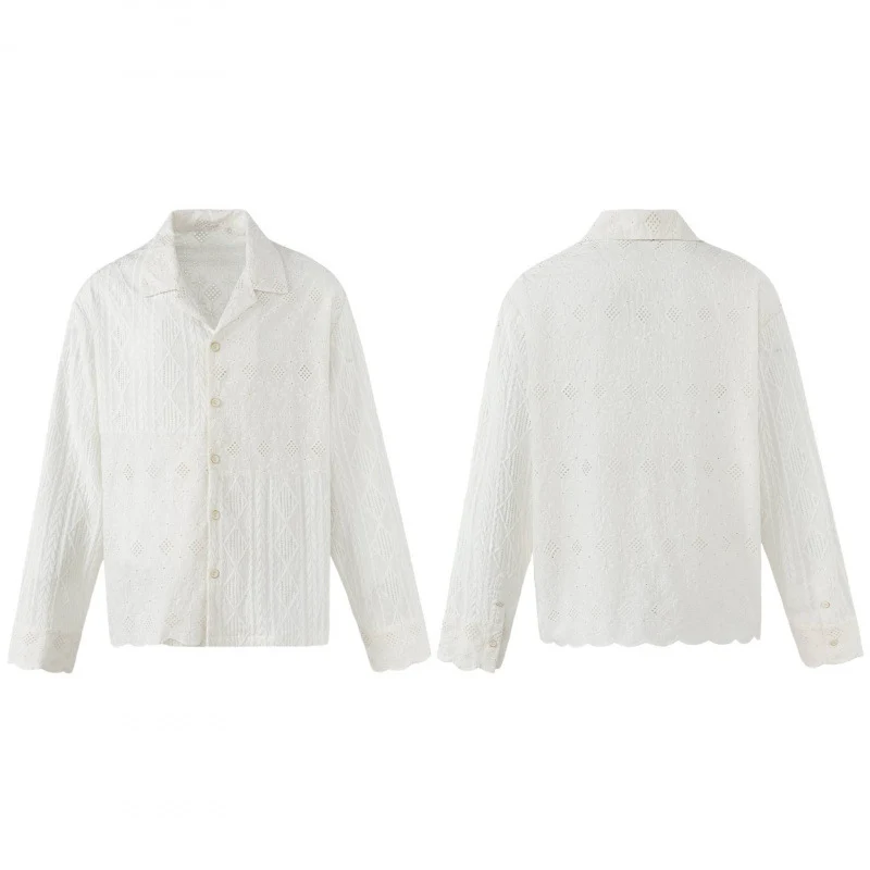 Damen Broderie-Anglaise-Hemdjacke im Boxy-Schnitt mit Hemdkragen und Knopfleiste Nord Taschen
