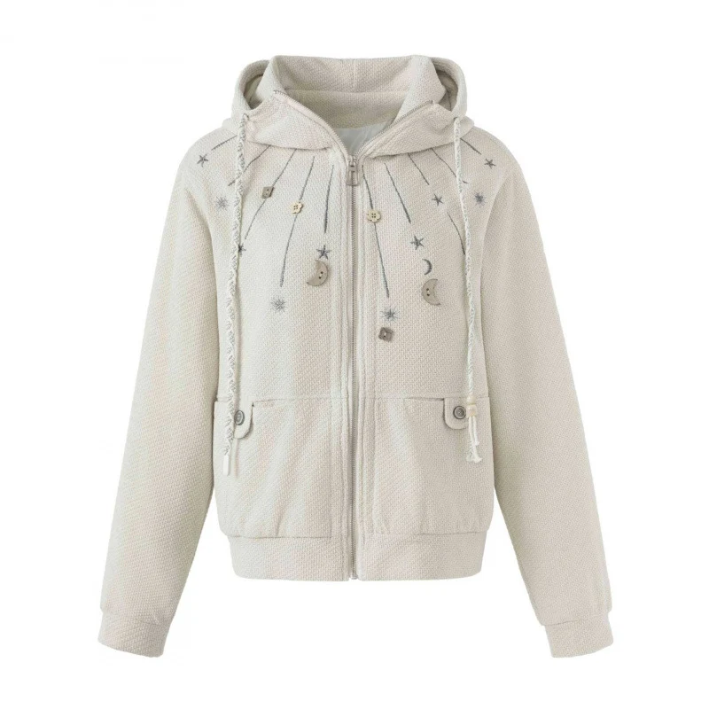 Damen Boxy-Strick-Kapuzenjacke mit himmlischer Stickerei, durchgehendem Reißverschluss und Kordelzug Nord Taschen