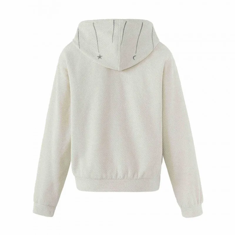 Damen Boxy-Strick-Kapuzenjacke mit himmlischer Stickerei, durchgehendem Reißverschluss und Kordelzug Nord Taschen