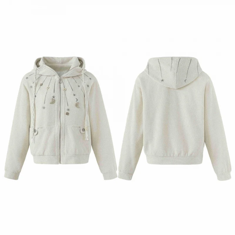 Damen Boxy-Strick-Kapuzenjacke mit himmlischer Stickerei, durchgehendem Reißverschluss und Kordelzug Nord Taschen