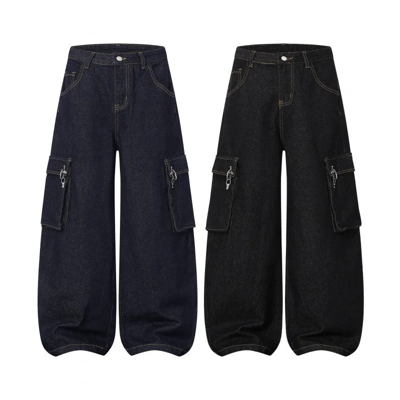 Damen Ballonförmige Cargo-Jeans mit hoher Taille, weitem Bein und aufgesetzten Klappentaschen Nord Taschen