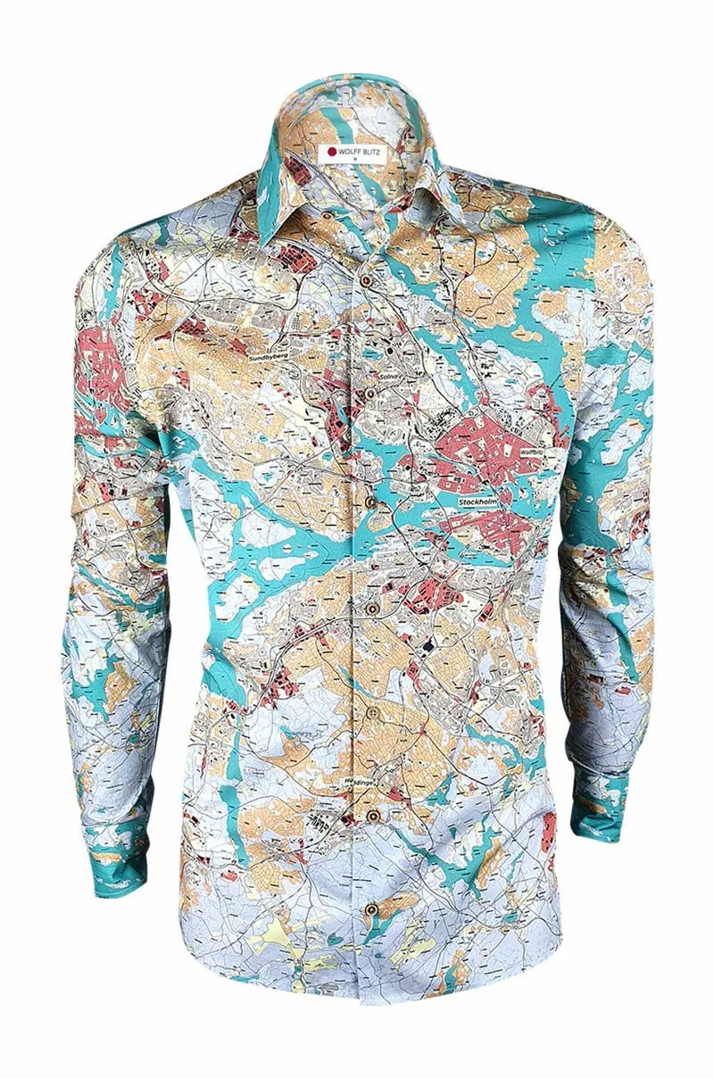 Stockholm Map Printed Long Sleeve Men's Shirt