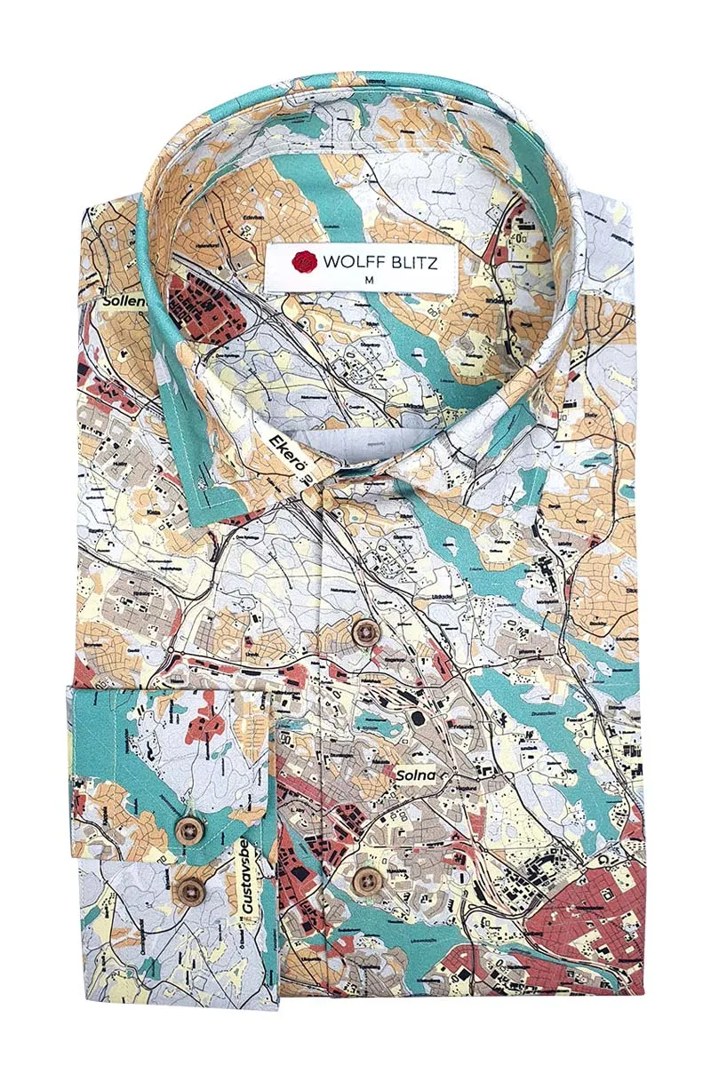 Stockholm Map Printed Long Sleeve Men's Shirt
