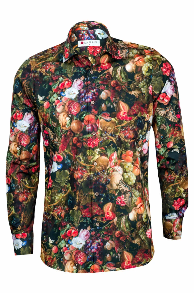 Garland of Fruits and Flowers Printed Long Sleeve Men's Shirt