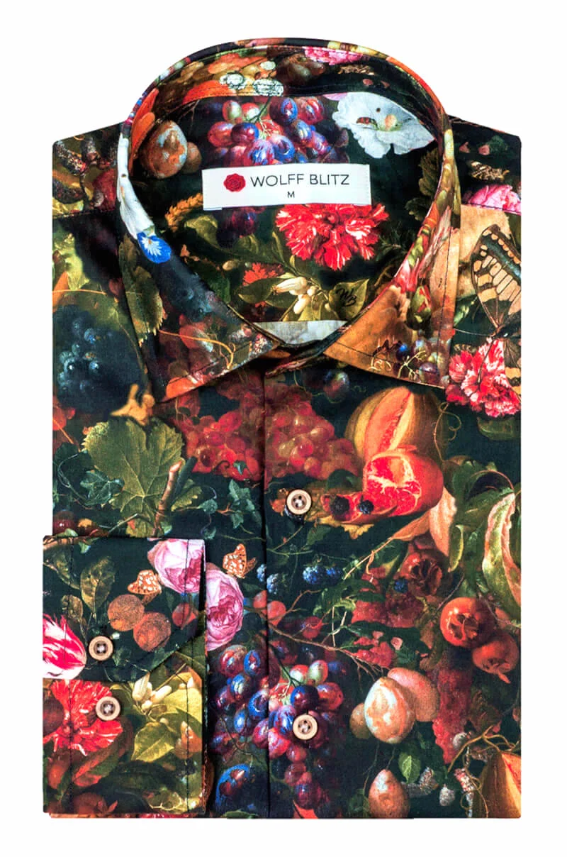 Garland of Fruits and Flowers Printed Long Sleeve Men's Shirt
