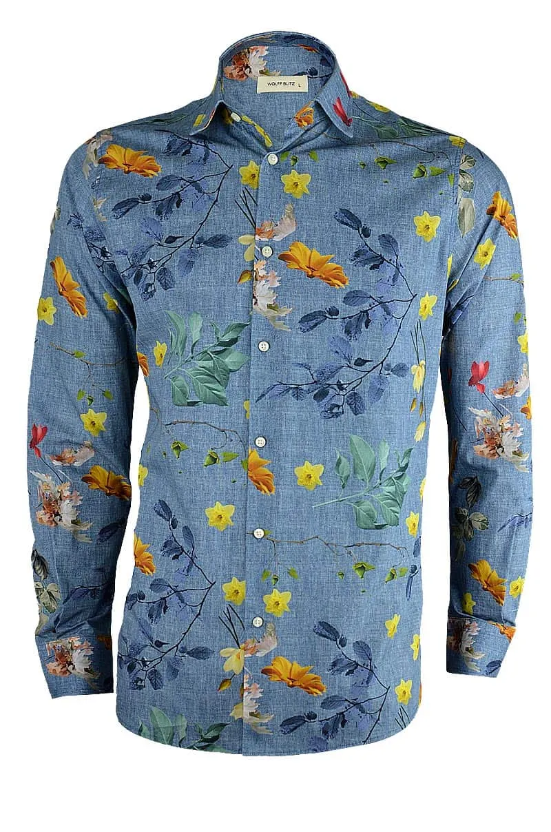 Floral Seasons Print Long Sleeve Men's Shirt