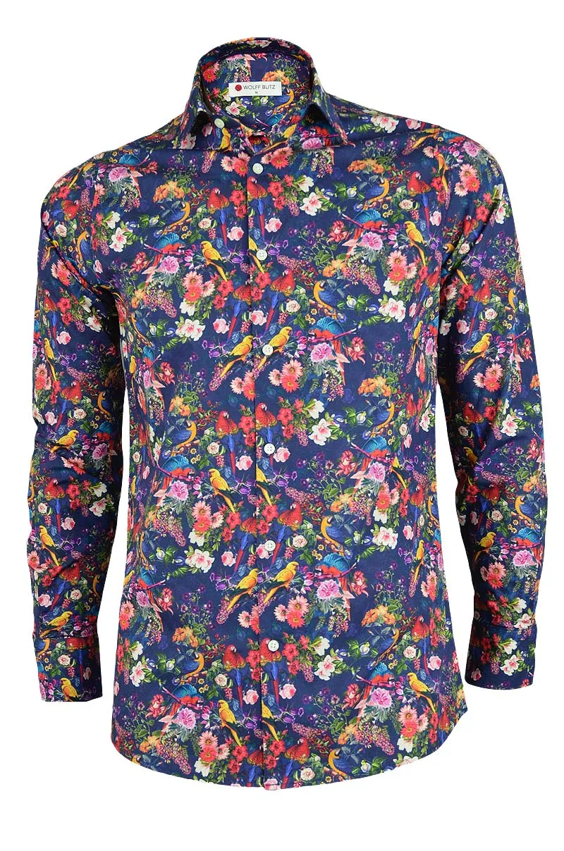 Floral Parrots Print Long Sleeve Men's Shirt