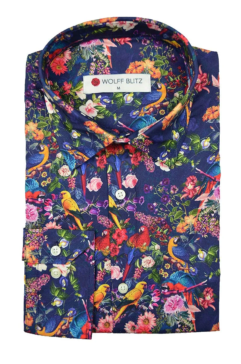 Floral Parrots Print Long Sleeve Men's Shirt