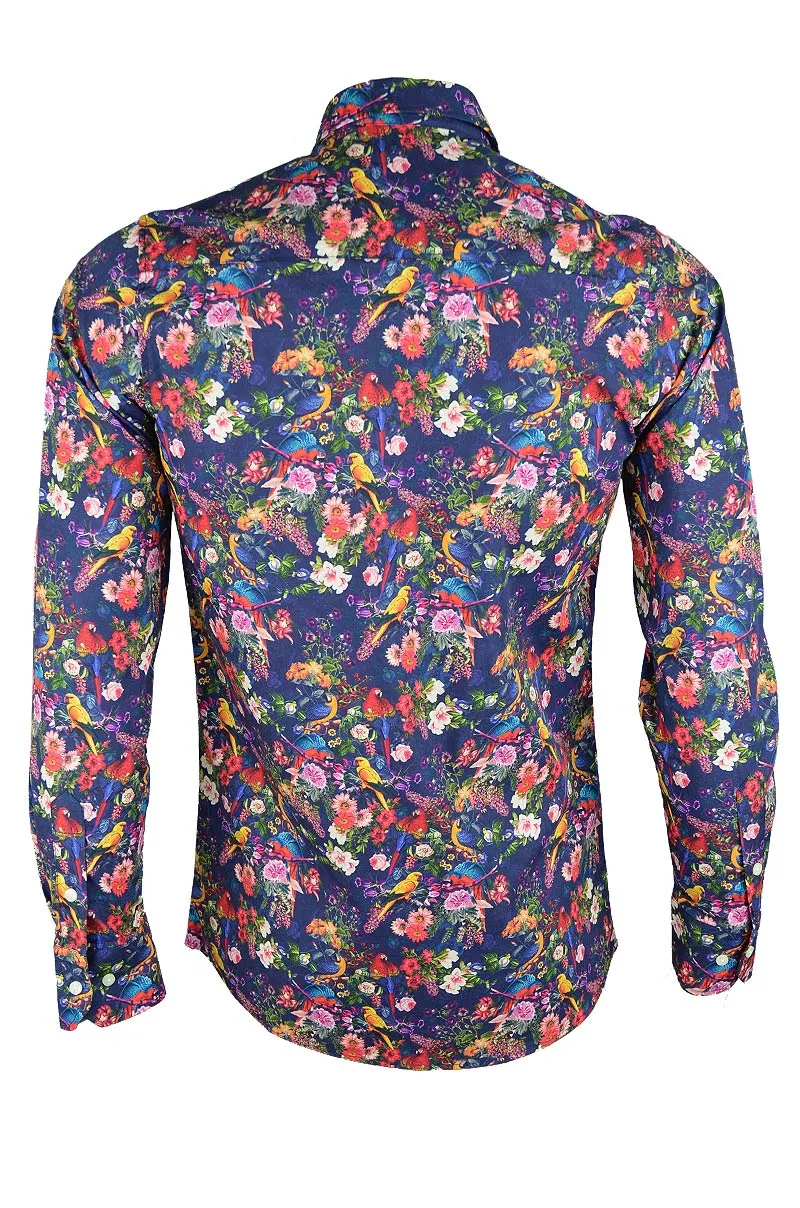 Floral Parrots Print Long Sleeve Men's Shirt