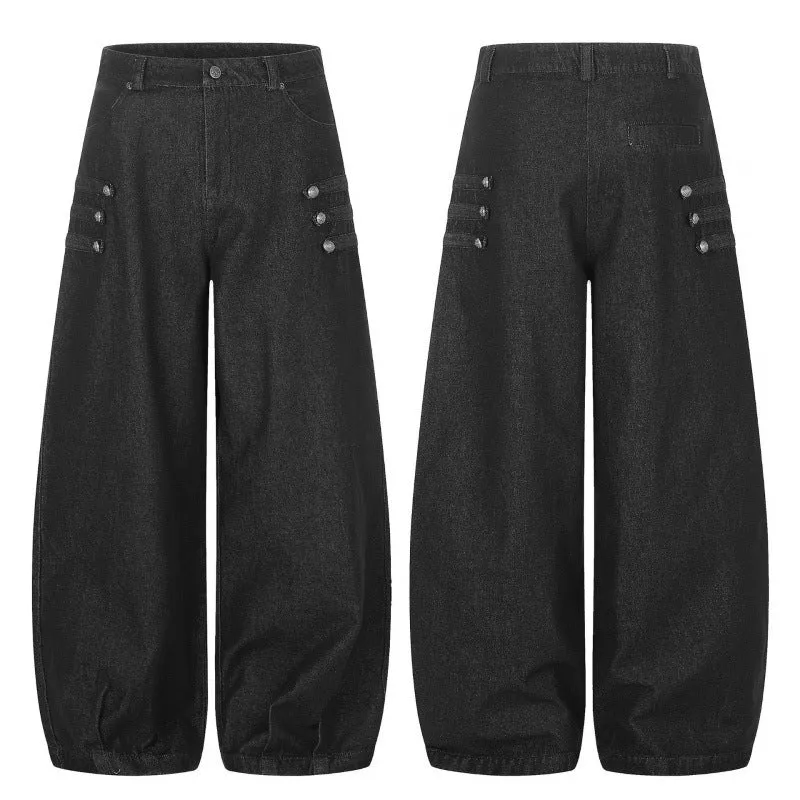 Damen Taillehohe Ballon-Jeanshose mit weitem Bein, Knopfdetail und elastischem Saum Nord Taschen