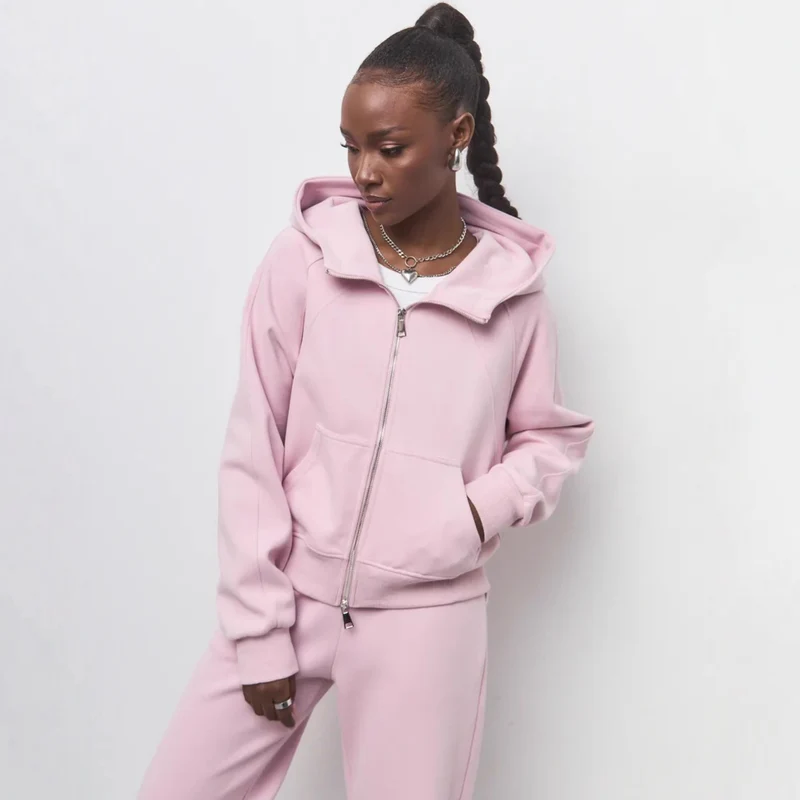 Damen entspanntes Fleece-Zweiteiler Set mit Raglan-Kapuzenjacke, durchgehendem Reißverschluss und gerader Relax-Jogginghose Nord Taschen