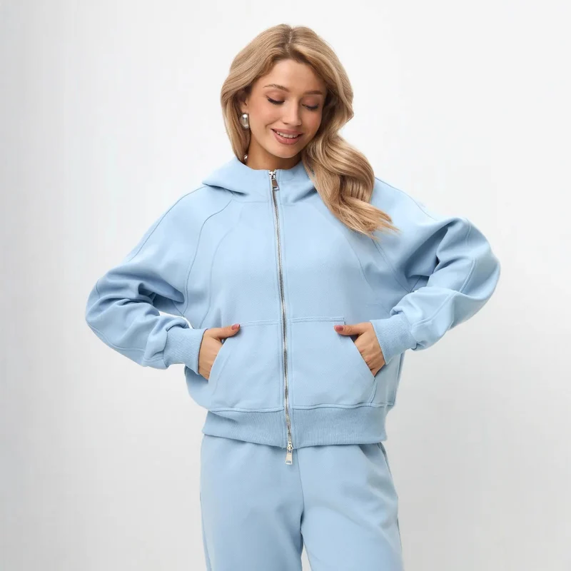 Damen entspanntes Fleece-Zweiteiler Set mit Raglan-Kapuzenjacke, durchgehendem Reißverschluss und gerader Relax-Jogginghose Nord Taschen