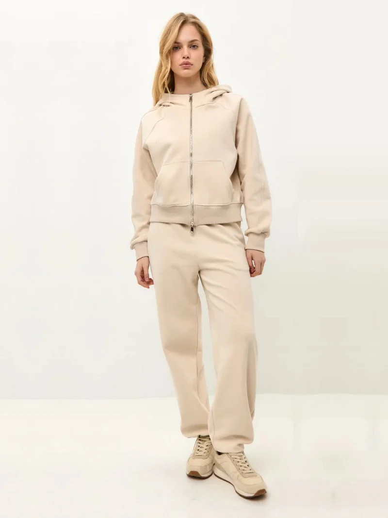 Damen entspanntes Fleece-Zweiteiler Set mit Raglan-Kapuzenjacke, durchgehendem Reißverschluss und gerader Relax-Jogginghose Nord Taschen