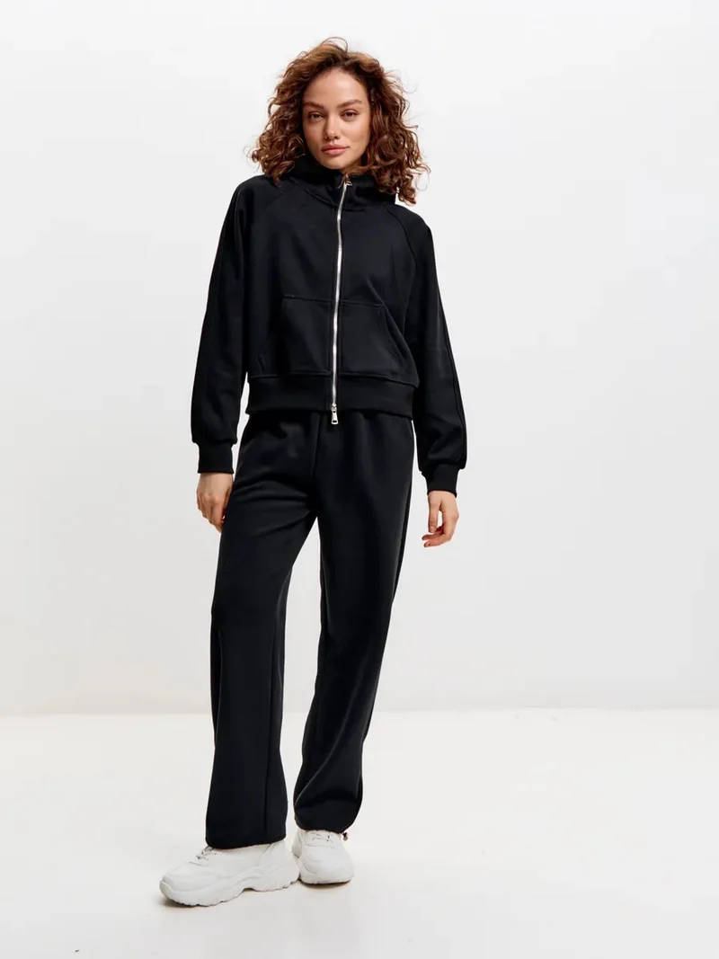 Damen entspanntes Fleece-Zweiteiler Set mit Raglan-Kapuzenjacke, durchgehendem Reißverschluss und gerader Relax-Jogginghose Nord Taschen