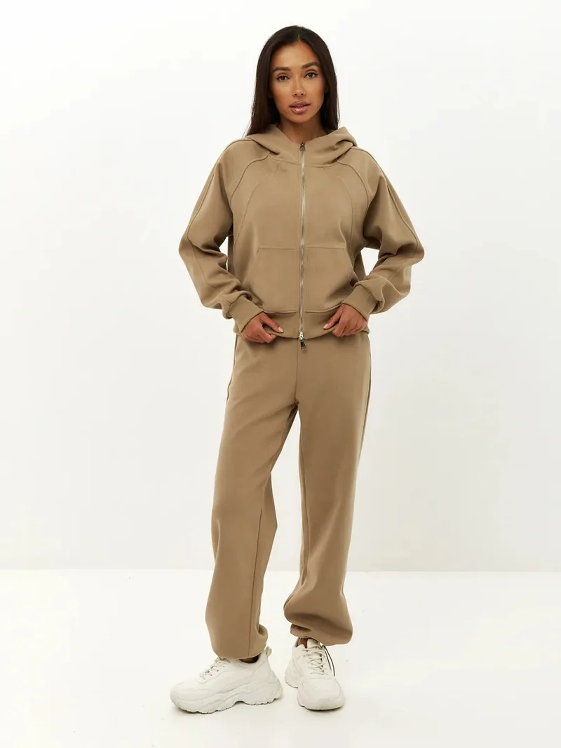 Damen entspanntes Fleece-Zweiteiler Set mit Raglan-Kapuzenjacke, durchgehendem Reißverschluss und gerader Relax-Jogginghose Nord Taschen