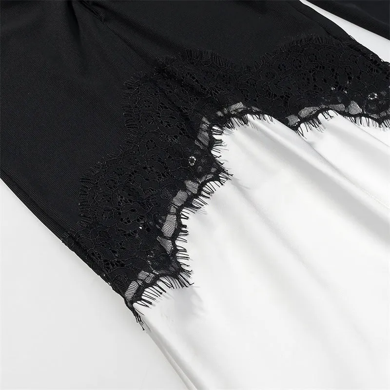 Damen Zweiton-Maxikleid mit geraffter V‑Passe, Spitzenbesatz und langen Ärmeln Nord Taschen