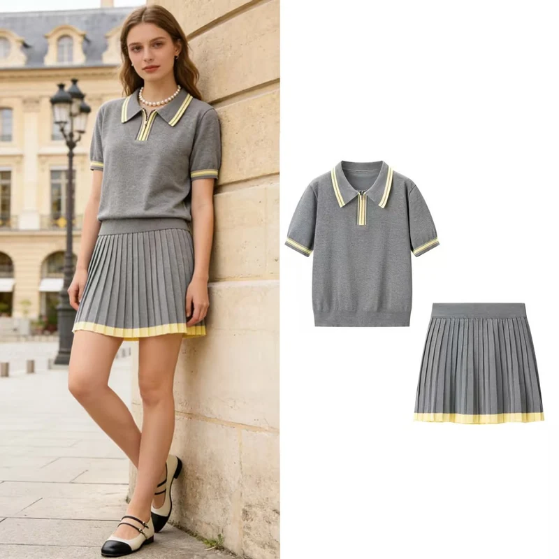 Damen Zweiteiliges Strick-Set mit Poloshirt und plissiertem Midirock Nord Taschen