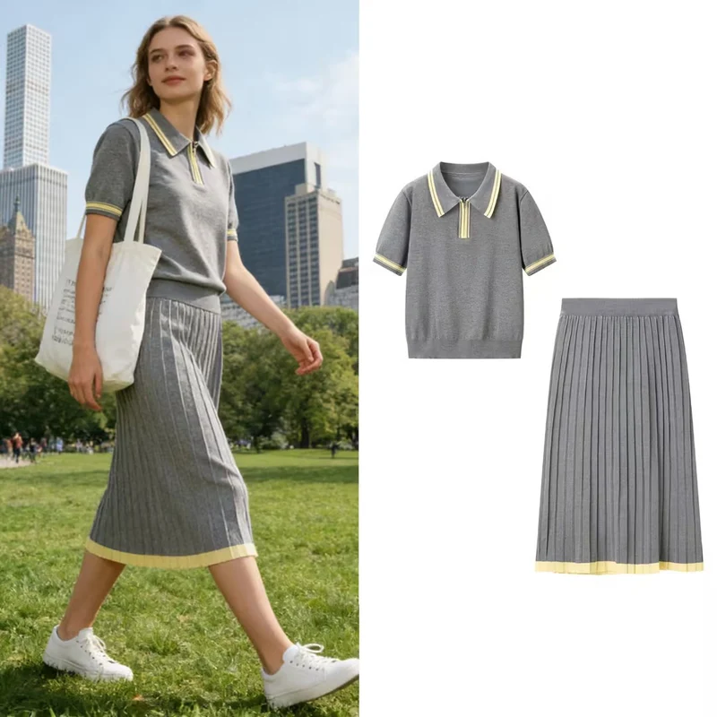 Damen Zweiteiliges Strick-Set mit Poloshirt und plissiertem Midirock Nord Taschen